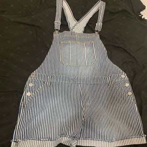 Blue/white denim overall shorts